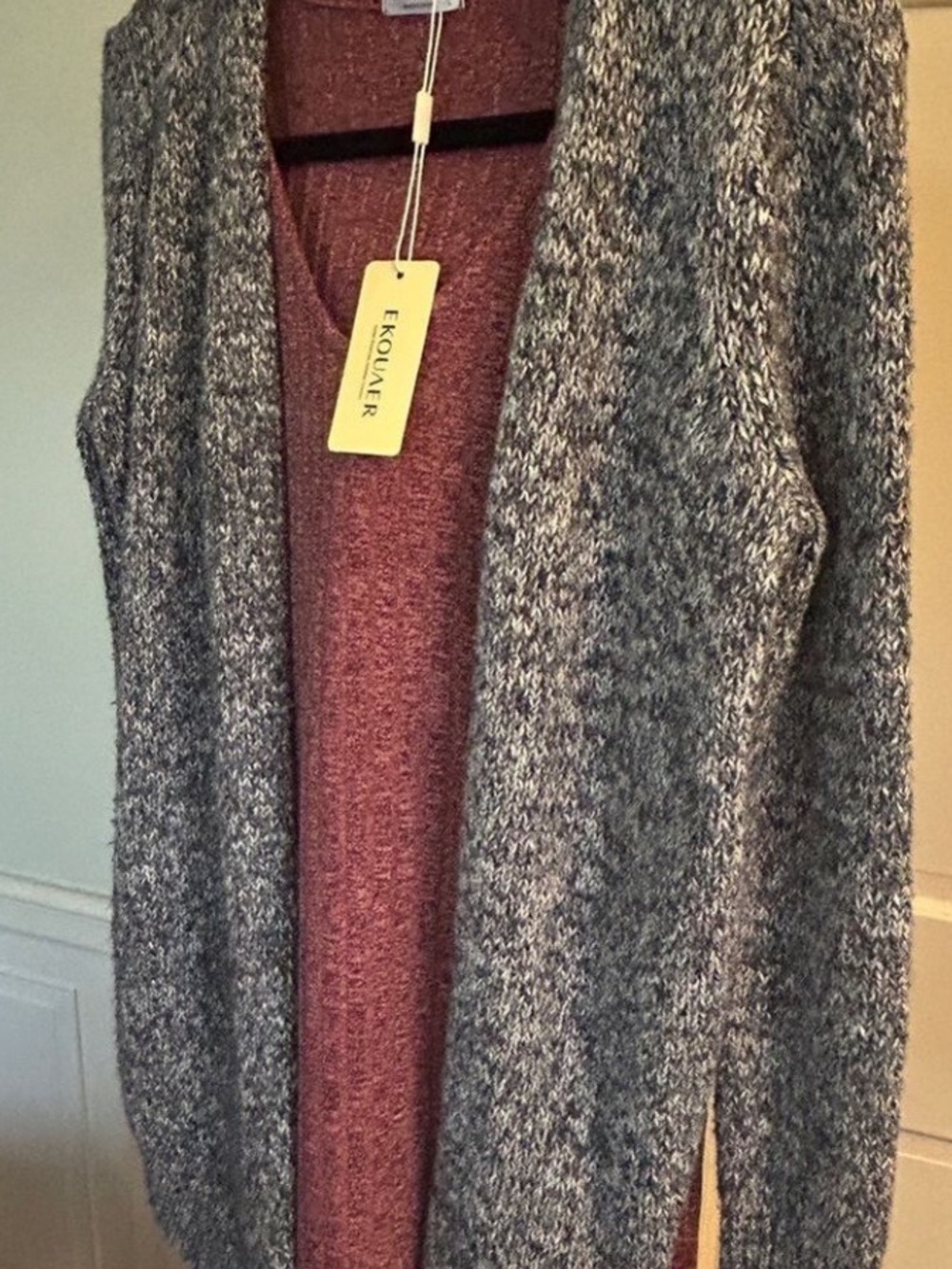 LOFT Gray Open-Front Cardigan Sweater Marled Gray Burgundy White Size Small - Picture 12 of 13